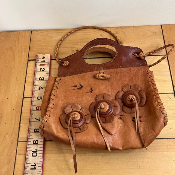 Leather Boho Shoulder Bag Top Handle Purse with 3D Flower Applique Design - Picture 10 of 11